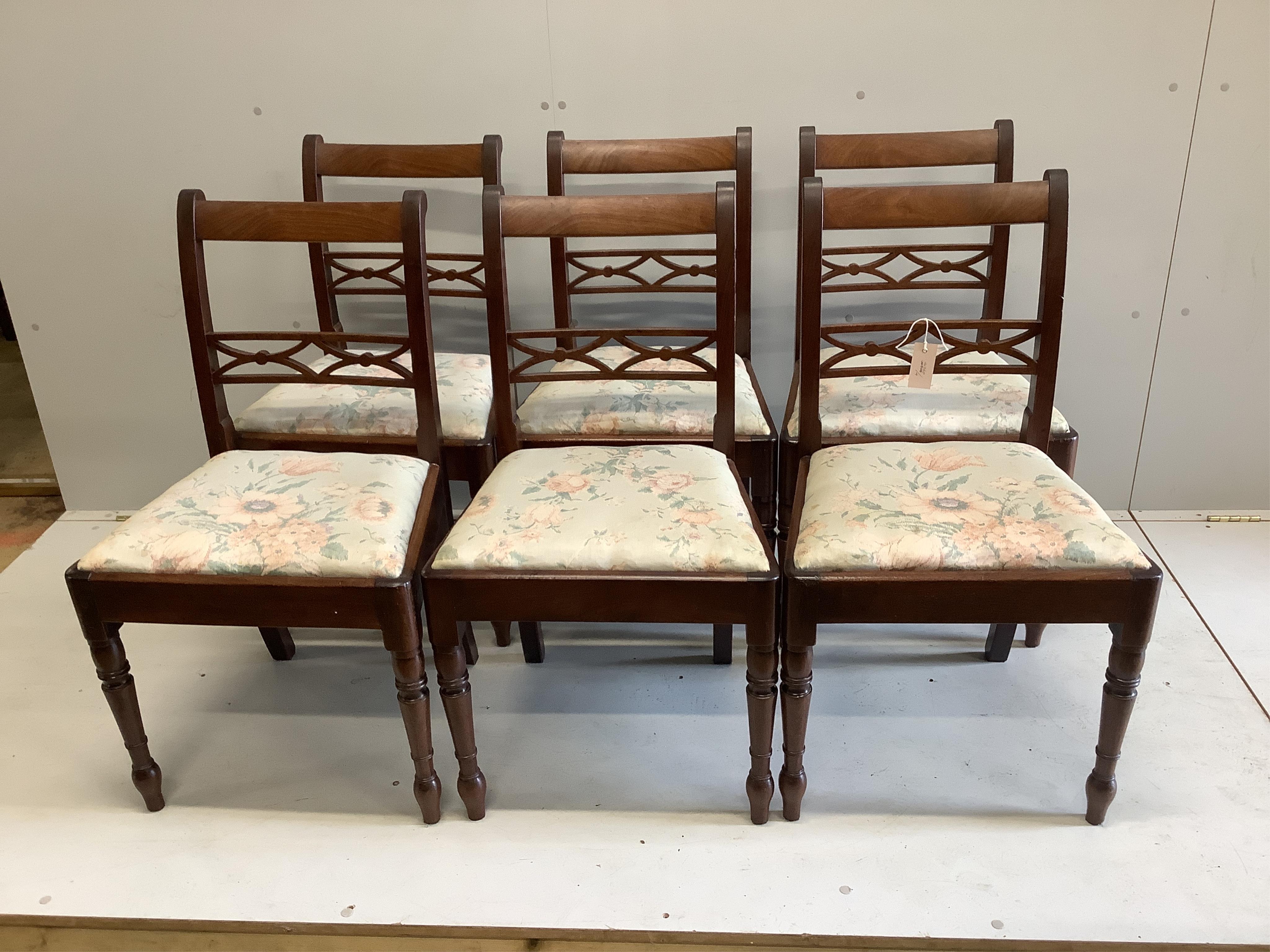 A set of six Regency provincial mahogany dining chairs, width 48cm, height 86cm